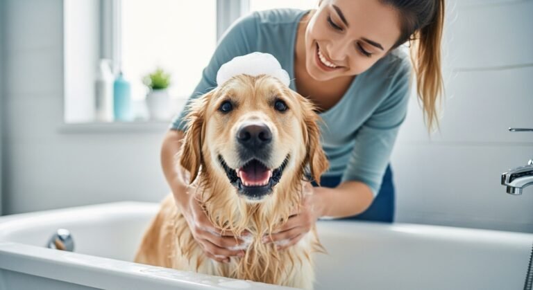 bathing dog with shampoo