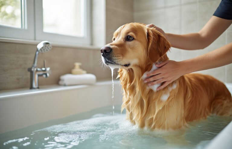 dog being bathed washed
