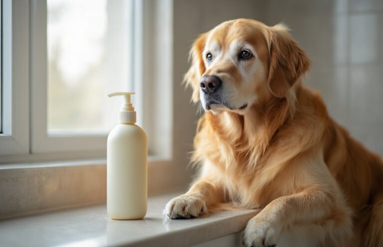dog beside human shampoo bottle