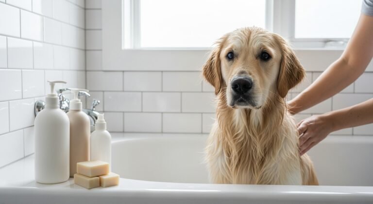 wet golden retriever in bathtub