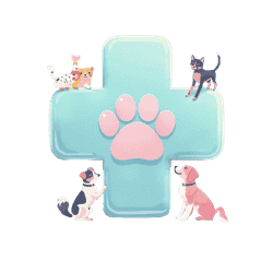 Veterinary cross and four cute dogs icon